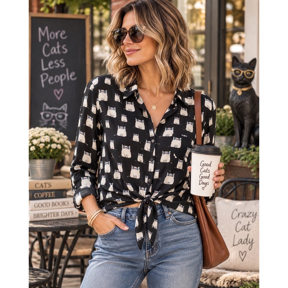 Love Notes Shirt Cat Print Rayon Tie Front Whimsical Blouse Black Large